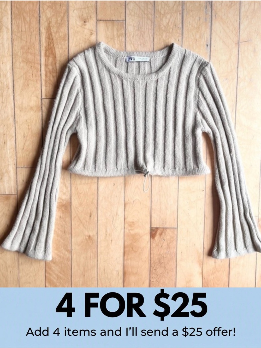ZARA Beige Ribbed Knit Cropped Sweater with Drawstring Hem – Size Medium